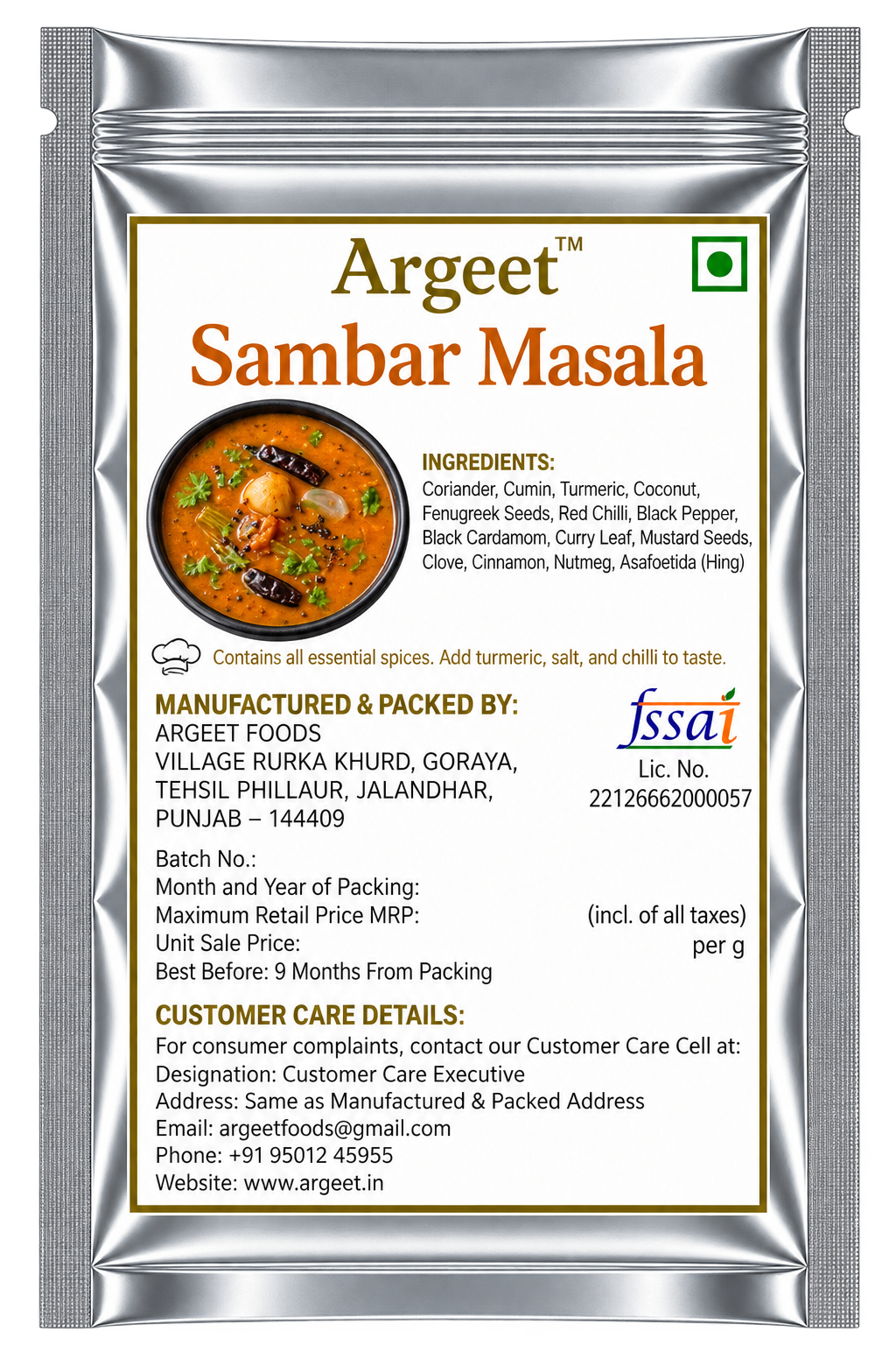 Argeet Sambar Masala Pouch